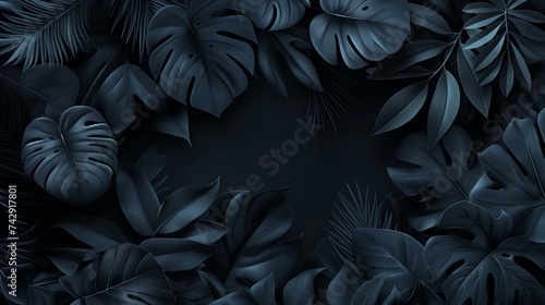 A background of pure black with the silhouettes of tropical leaves abstractly arranged. The leaves vary in opacity, creating depth and a sense of mystery in the dark nature theme. 8k photo