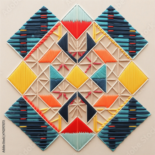 A close-up of ethnic decorative embroidery on white background. Rhombuses of yellow and blue creating an abstract geometric pattern. AI-generated