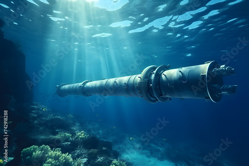Part of a severed underwater pipeline for transporting oil or gas. Equipment for the subsea industry on the seabed. photo