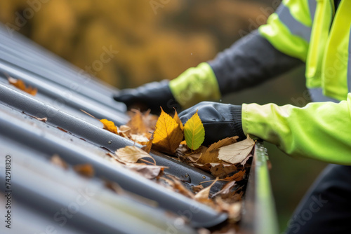 A man cleaning leaves in a rain gutter on a roof, cleaning dirty gutters. photo