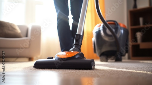 A person cleaning carpet with vacuum cleaner. Close up head of a sweeper cleaning device.