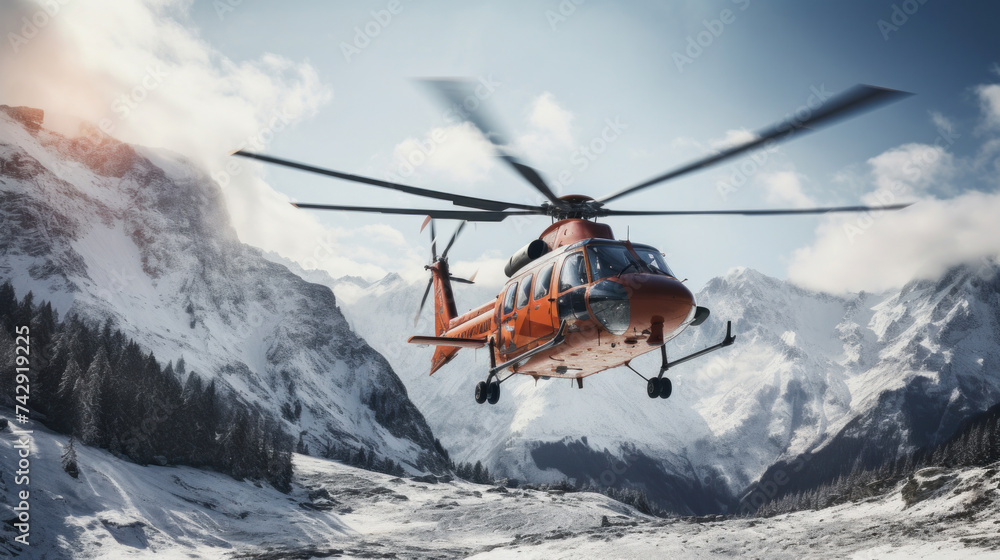 A rescue helicopter flies over snowy mountains. A rescue helicopter flies over snowy mountains.