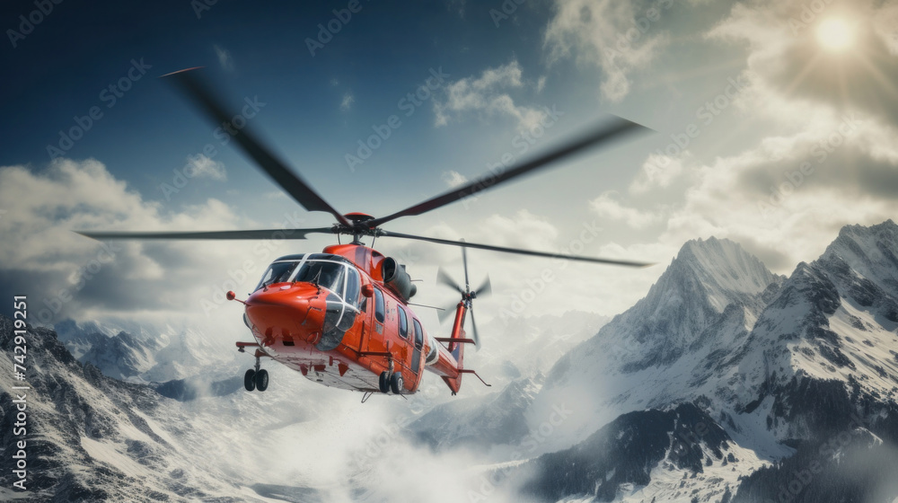 A rescue helicopter flies over snowy mountains.