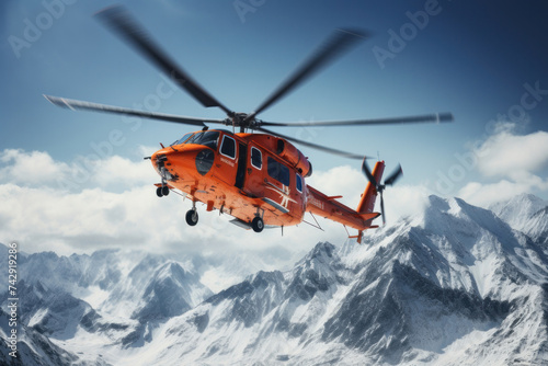 A rescue helicopter flies over snowy mountains.