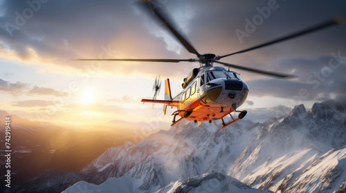 A rescue helicopter flies over snowy mountains.