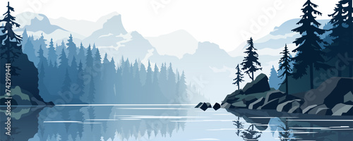 Beautiful landscape of a lake in the mountains. The quiet surface of the lake among the forest and mountains in the early morning in the fog. Pine trees on a rock. Reflections in the water. Reserve.