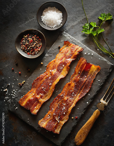 Knuspriger Bacon mit einer Prise Salz und Pfeffer Ein einfaches und herzhaftes Frühstück auf schwarzem Teller photo