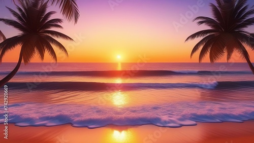 Fantastic view of sea water waves with orange sunlight at sunrise or sunset. Tropical beach landscape, exotic coast. Tropical beach with palm trees at sunset © екатерина лагунова