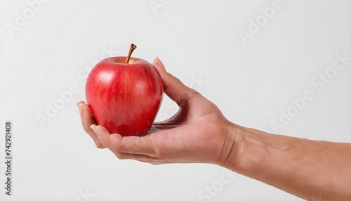 Hand holding bite red apple isolated on white background. Ripe red apple in human hand