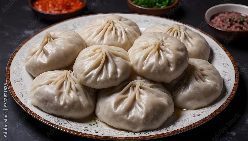 khinkali is a steamed Georgian dish of dough and ground beef. National cuisine, dark background
