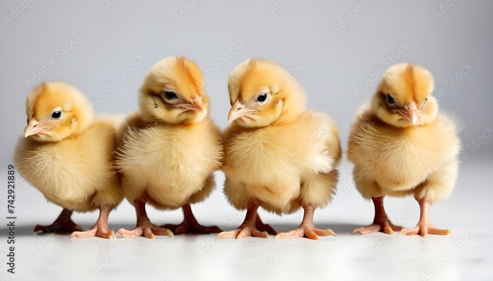 Multiple Baby Chick Chickens Lined Up on White