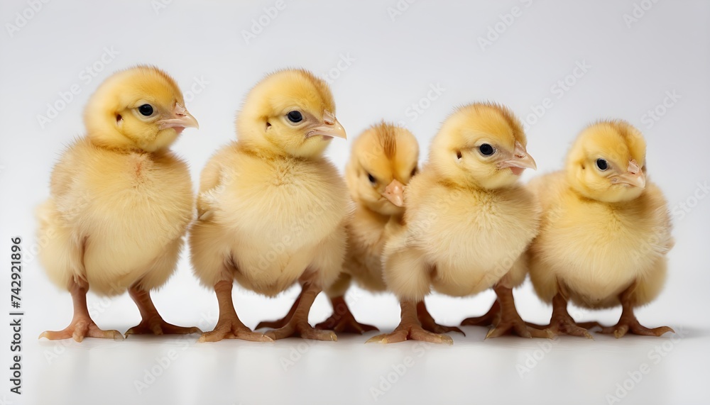 Multiple Baby Chick Chickens Lined Up on White