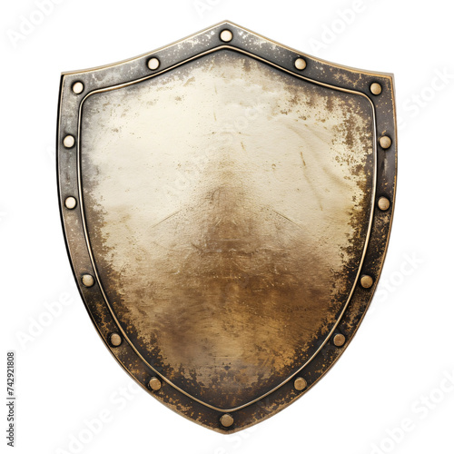 bronze empty shield isolated on a transparent background, metal blank decal badge cut out PNG