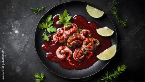 Octopus with sauce, herbs and lime slices. On black rustic background