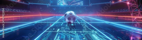 Futuristic neon sports where the ball is a glowing circuit node and the field a dynamic electronic board reinventing competition photo