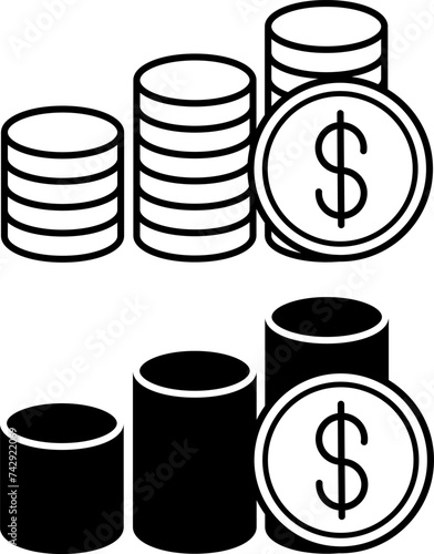 Coin icons. Black and White Vector Icons of Three Stacks of Dollar Coins. Business and Finance Concept