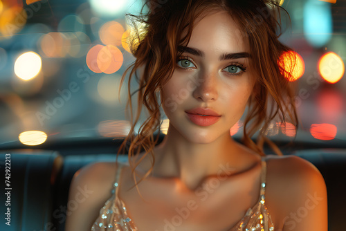 beautiful girl in an evening dress, sitting in the back row of the car, background traffic with bokeh effect 