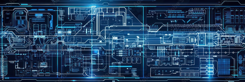 Intricate blue circuit board pattern with tech elements. Background for technological processes, science, presentations, etc