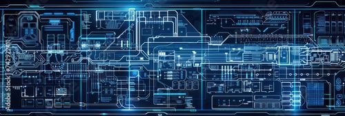 Intricate blue circuit board pattern with tech elements. Background for technological processes, science, presentations, etc