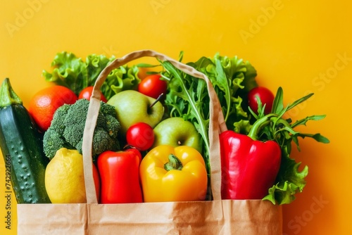 Paper bag with vegetables and fruits, Vegetarian food advertising-inspired