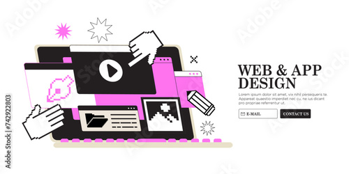 Pixel hands work on website or application, ui ux design and programming on computer. Team of designers do research and prototyping. Web studio or mobile app concept for banner, ads, landing page.