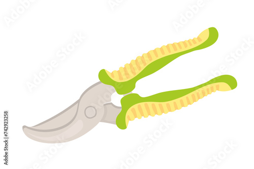 Garden tool for pruning branches and plants, metal pruning shears with green handles. Vector drawing isolated on white background for gardening, decoration, posters, magazines, shops