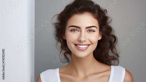 Close up face of young woman with beautiful smile isolated on grey wall with copy space. Successful multiethnic girl. Latin woman looking at camera against gray wall with a big whitening teeth smile