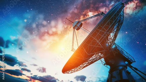 Radio telescope against the background of the Milky Way and the starry sky. Radio telescope in the mountains at night against the background of the starry sky.