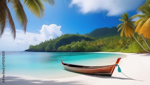 A lone wooden boat is moored in calm water. Tropical islands and blue sky on the horizon. Natural background. Travel flyer, cover or brochure design,