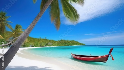 A lone wooden boat is moored in calm water. Tropical islands and blue sky on the horizon. Natural background. Travel flyer, cover or brochure design, © екатерина лагунова