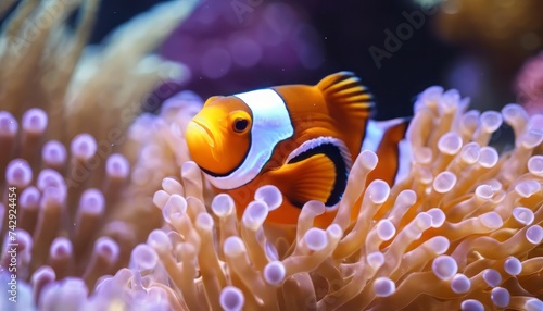 Beautiful clown fish nemo in the sea anemone. Detail of anemone fish hiding © Adi