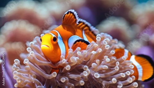 Beautiful clown fish nemo in the sea anemone. Detail of anemone fish hiding