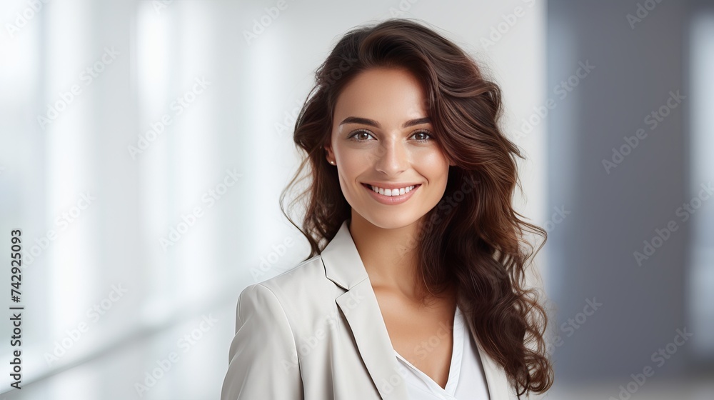 Close-up portrait of beautiful young businesswoman looking happy and confident to the left. Big smile on her face, looking beautiful and cheerful standing isolated on white background Close-up portrait of beautiful young businesswoman looking happy and confident to the left. Big smile on her face, looking beautiful and cheerful standing isolated on white background