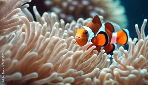 Beautiful clown fish nemo in the sea anemone. Detail of anemone fish hiding