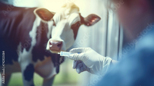 Close up hand of a veterinarian gives injection syringe to cow. Concept vaccine for health care of cattle on livestock farm.