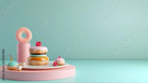 3d render of donut and cake on pastel background, ai generative