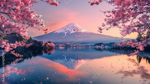 Mount Fuji and Cherry Blossom at Kawaguchiko lake in Japan, ai generative