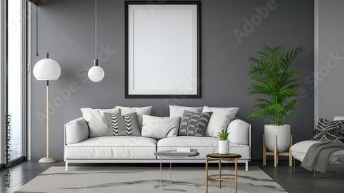 wall / modern living room with mockup frame, Large vertical poster frame mock-up on bureau | Gallery wall mock-up in cosy living room interior, frame mock-up, 3d render, Generative AI 