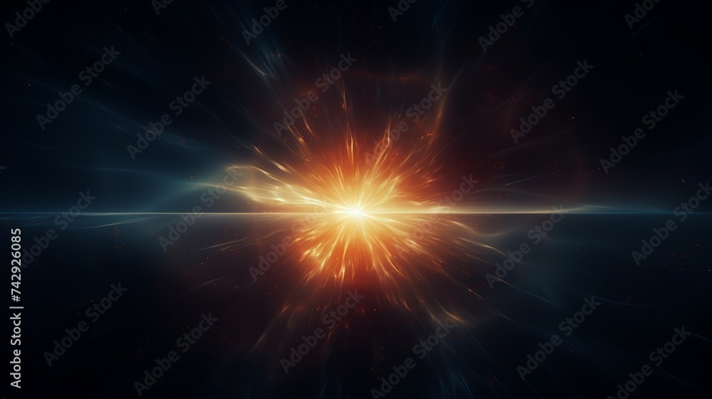 Easy to add lens flare effects for overlay designs or screen blending mode to make high-quality images. Abstract sun burst, digital flare, iridescent glare over black background - obrazy, fototapety, plakaty 