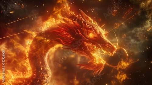 A fiery red Chinese dragon, its body aglow with flames, set against a dynamic astral background 