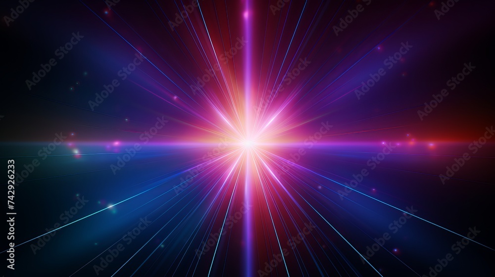 Easy to add lens flare effects for overlay designs or screen blending mode to make high-quality images. Abstract sun burst, digital flare, iridescent glare over black background