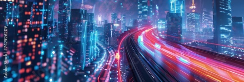 Futuristic highway with glowing blue traffic data and smart city concept. Background for technological processes, science, presentations, etc