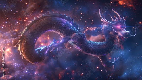 A majestic Chinese dragon, its scales shimmering with iridescent colors, weaves through an astral background of deep blues and purples © Muhammad