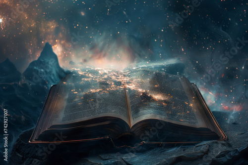 Open old book merged with magic galaxy sky. Concept of literature, fantasy, horoscope, religion etc.