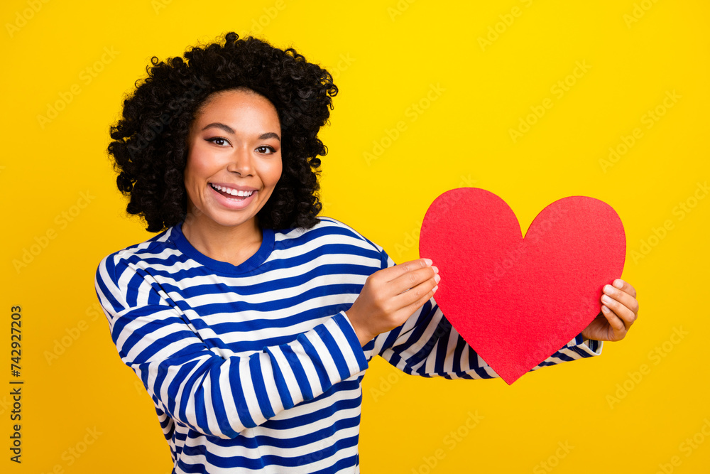 Photo of lovely pretty girl wear trendy clothes hold big red heart card celebrate mother day isolated on yellow color background Photo of lovely pretty girl wear trendy clothes hold big red heart card celebrate mother day isolated on yellow color background