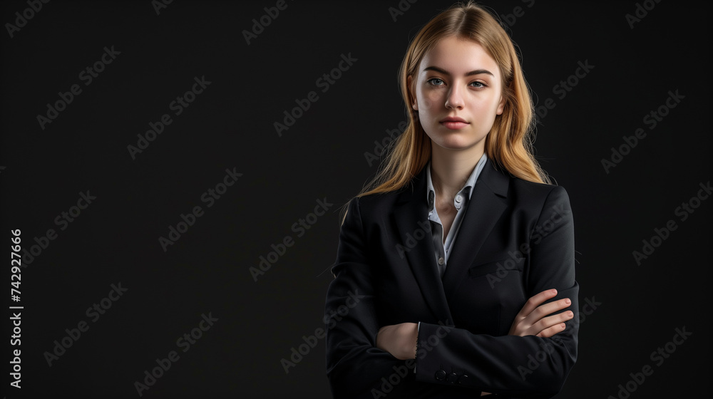 Attractive Caucasian young businesswoman in suit with crossed arms isolated on black studio background with empty copy space for advertisement. Attractive Caucasian young businesswoman in suit with crossed arms isolated on black studio background with empty copy space for advertisement.