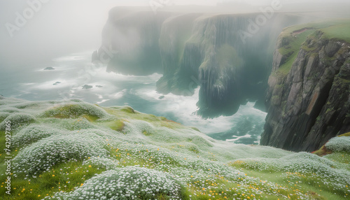 Fantastic typical Irish landscape of green hills and seaside cliffs, St. Patrick's Day celebration 