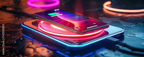 Futuristic smartphone with battery charging indicator on screen placed on wireless charging pad with glowing neon rings on a dark surface