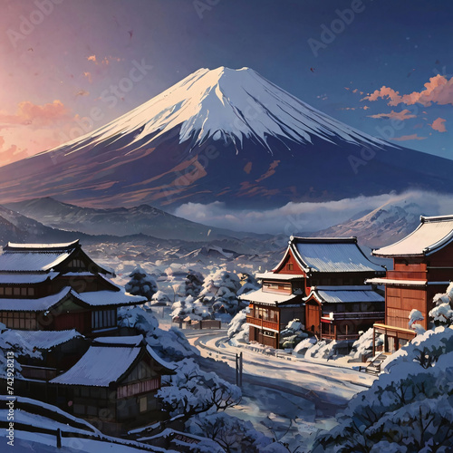 Inspired View of Mount Fuji with Vibrant Village Foreground.