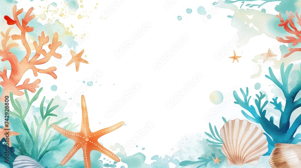 Fond d'écran marin avec des éléments marins en aquarelles dans les coins et un espace blanc au centre pour écrire. Marine wallpaper with watercolor marine elements in the corners. Fond d'écran marin avec des éléments marins en aquarelles dans les coins et un espace blanc au centre pour écrire. Marine wallpaper with watercolor marine elements in the corners.